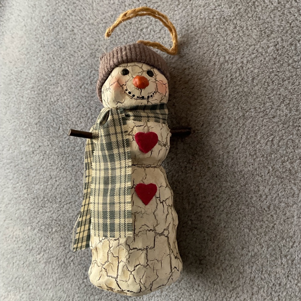 Primitive Style Crackled Look Snowman Ornament/Figurine